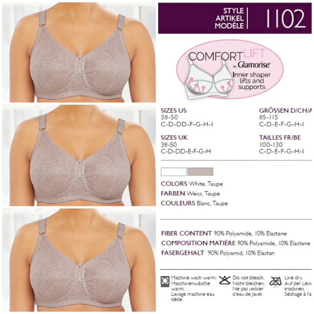 Set Of 3! 40C Glamorise COMFORT LIFT Bra (COTTON-LINED) Wireless LACE TAUPE NEW